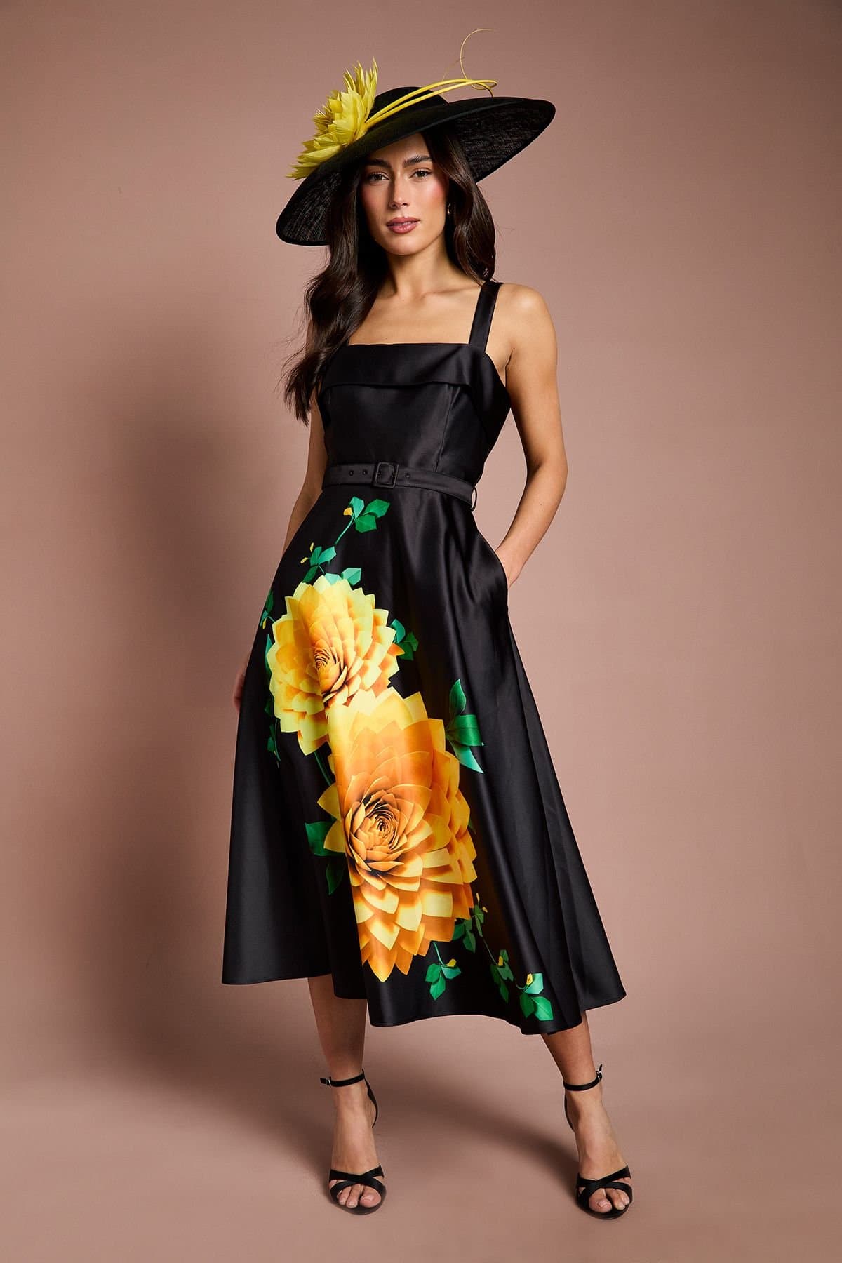 Coast Coast Women's Lisa Tan Floral Placement Print Belted Midi Dress in Black