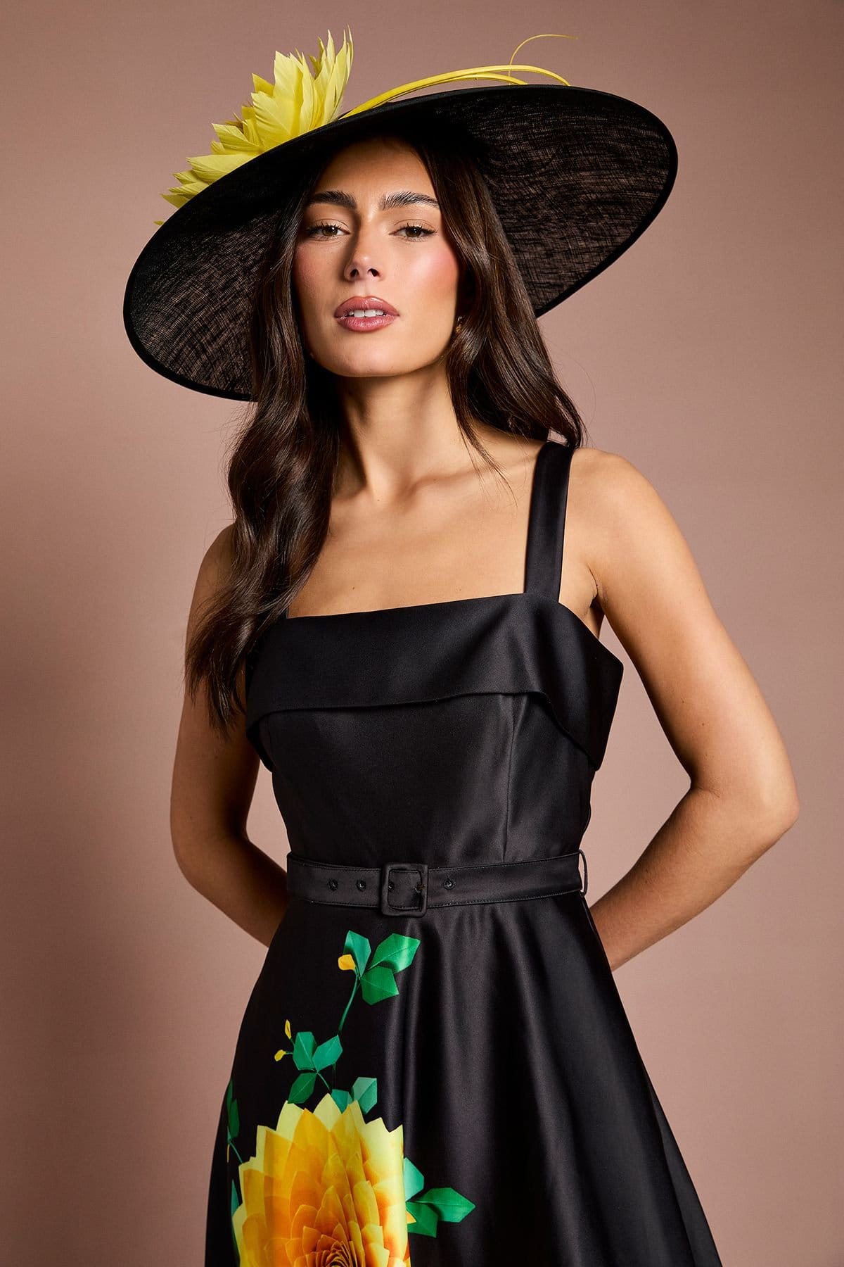 Coast Coast Women's Lisa Tan Floral Placement Print Belted Midi Dress in Black - 4
