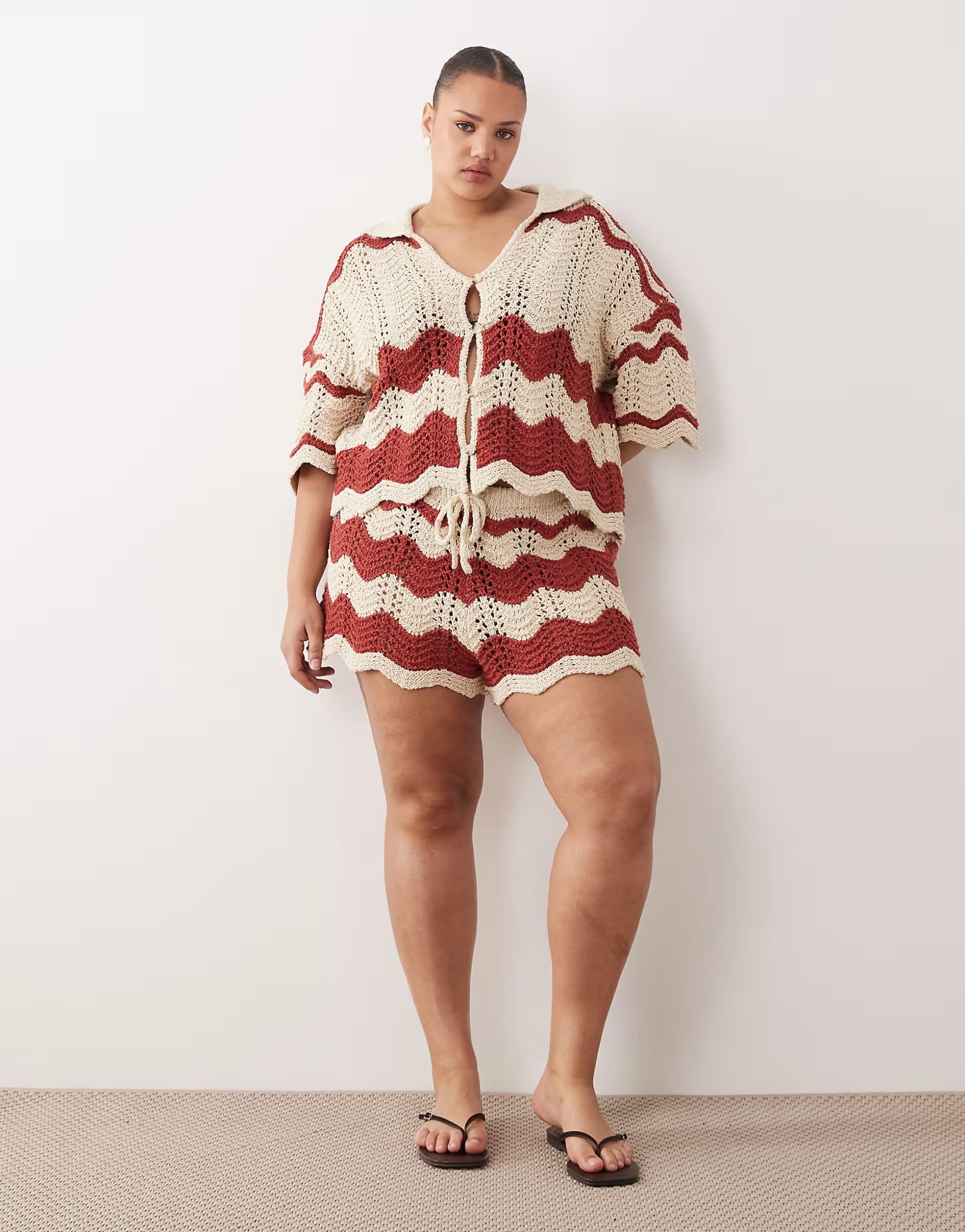 ASOS ARRANGE Curve stripe crochet top and shorts co ord in rust and beige