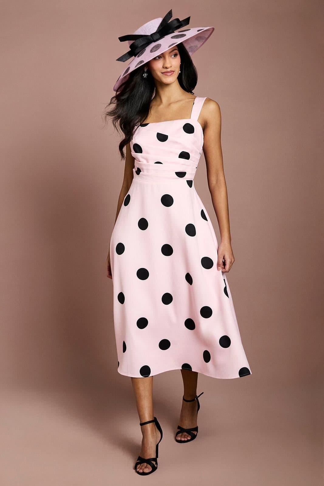 Coast Coast Women's Petite Lisa Tan Spot Print Pleat Full Skirted Detail Midi Dress in Pink