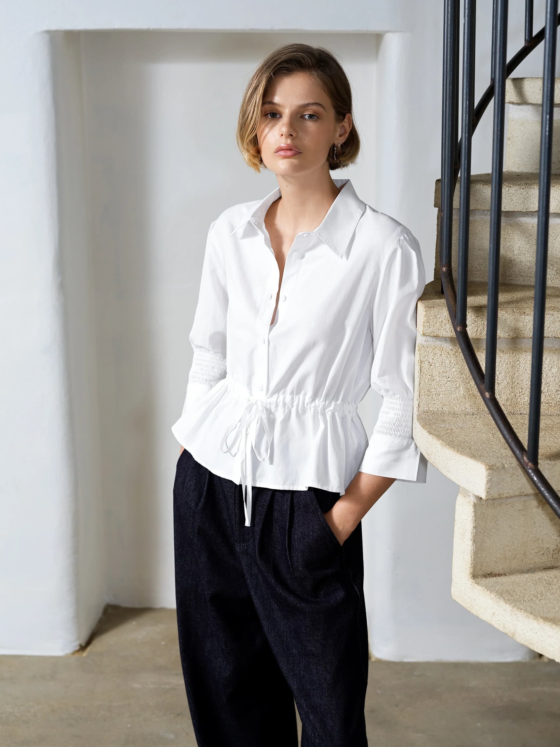 French Connection Era Poplin Collared Top Linen White