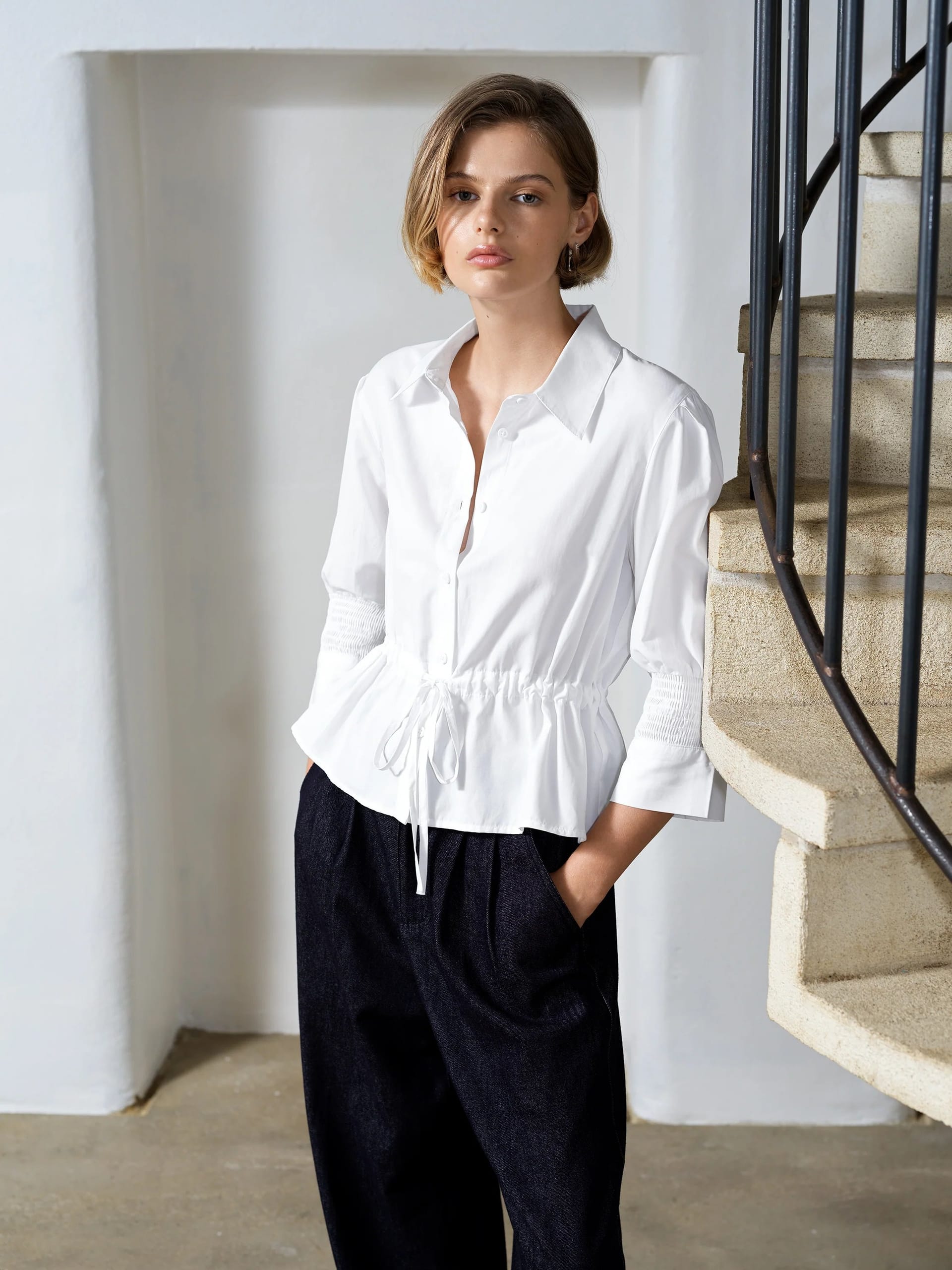 French Connection White Poplin Collared Top