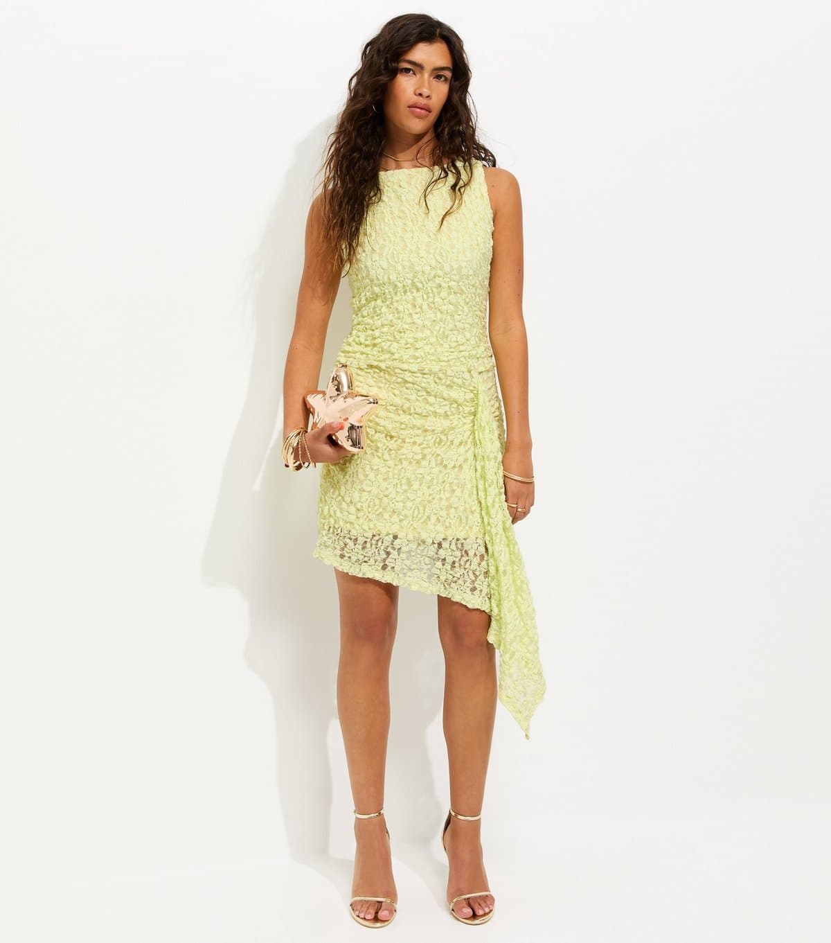 New Look Women's Light Yellow Lace Sleeveless Asymmetric Mini Dress New Look