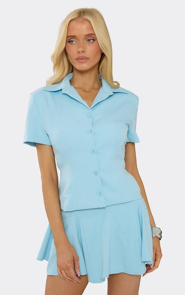 EGO Mid Rise Pleated Detail Mini Skirt In Baby Blue, Women's Size UK 6 - 2