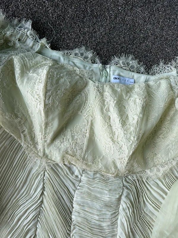 ASOS Asos Luxe Lace Ruched Sheer Puff Sleeve Mini Dress green UK 16