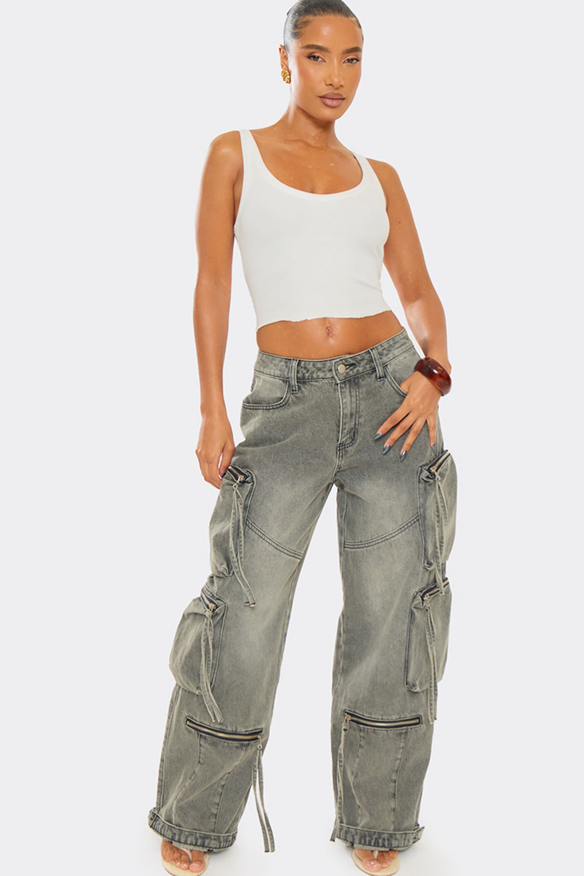 EGO EGO Women's Wide Leg Zip Pocket Denim Low Rise Jeans in Mid Grey