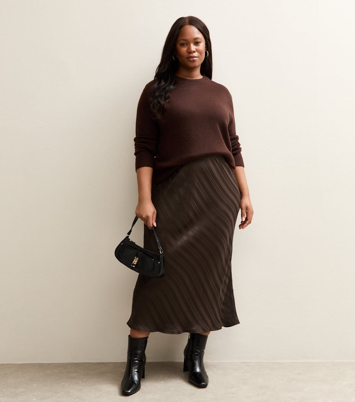 New Look Plus Size Dark Brown Striped Satin Midi Skirt