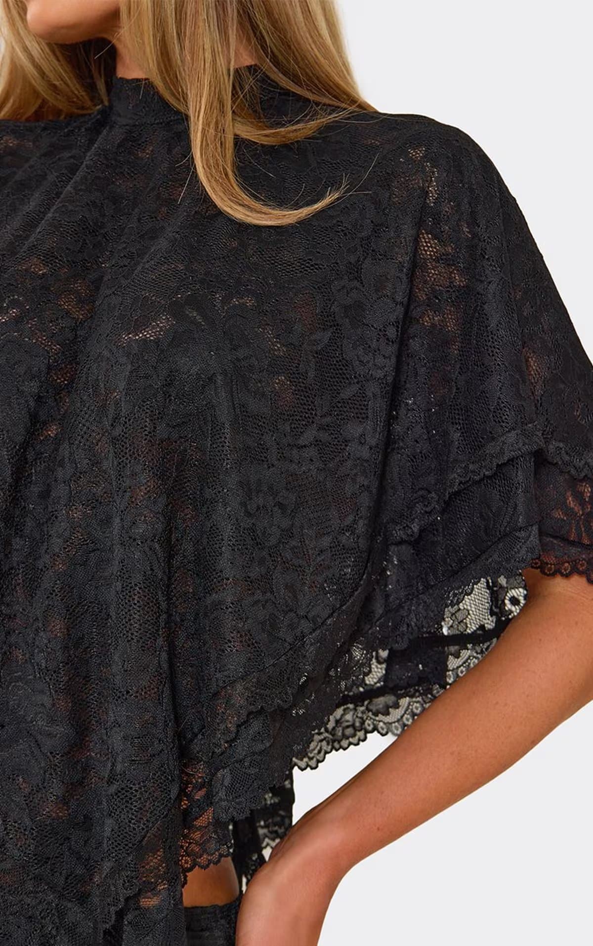 EGO Short Sleeve Asymmetric Hem Cape Top In Black Lace, Women's Size UK 6