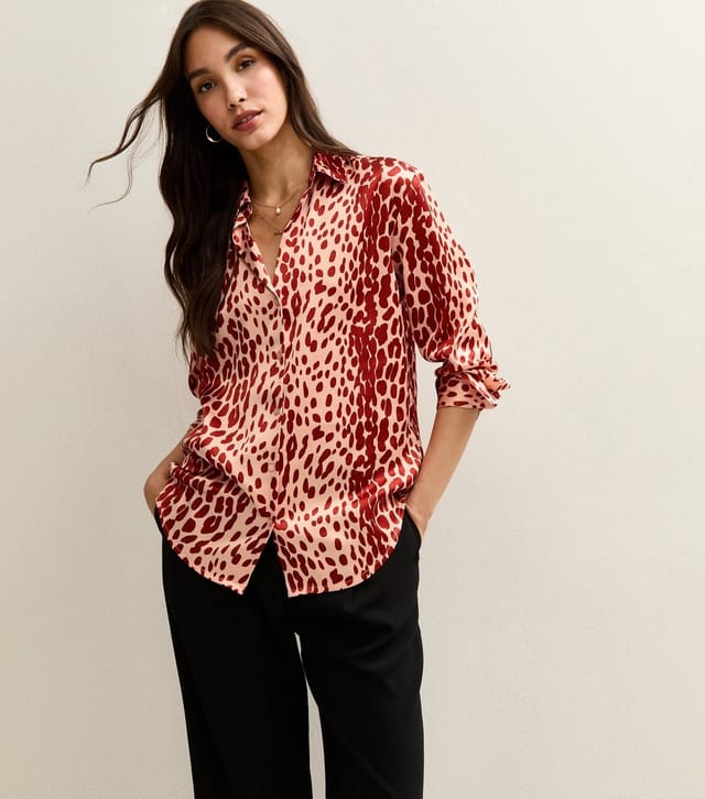 New Look Women's Brown Satin Animal Print Long Sleeve Shirt New Look - 2