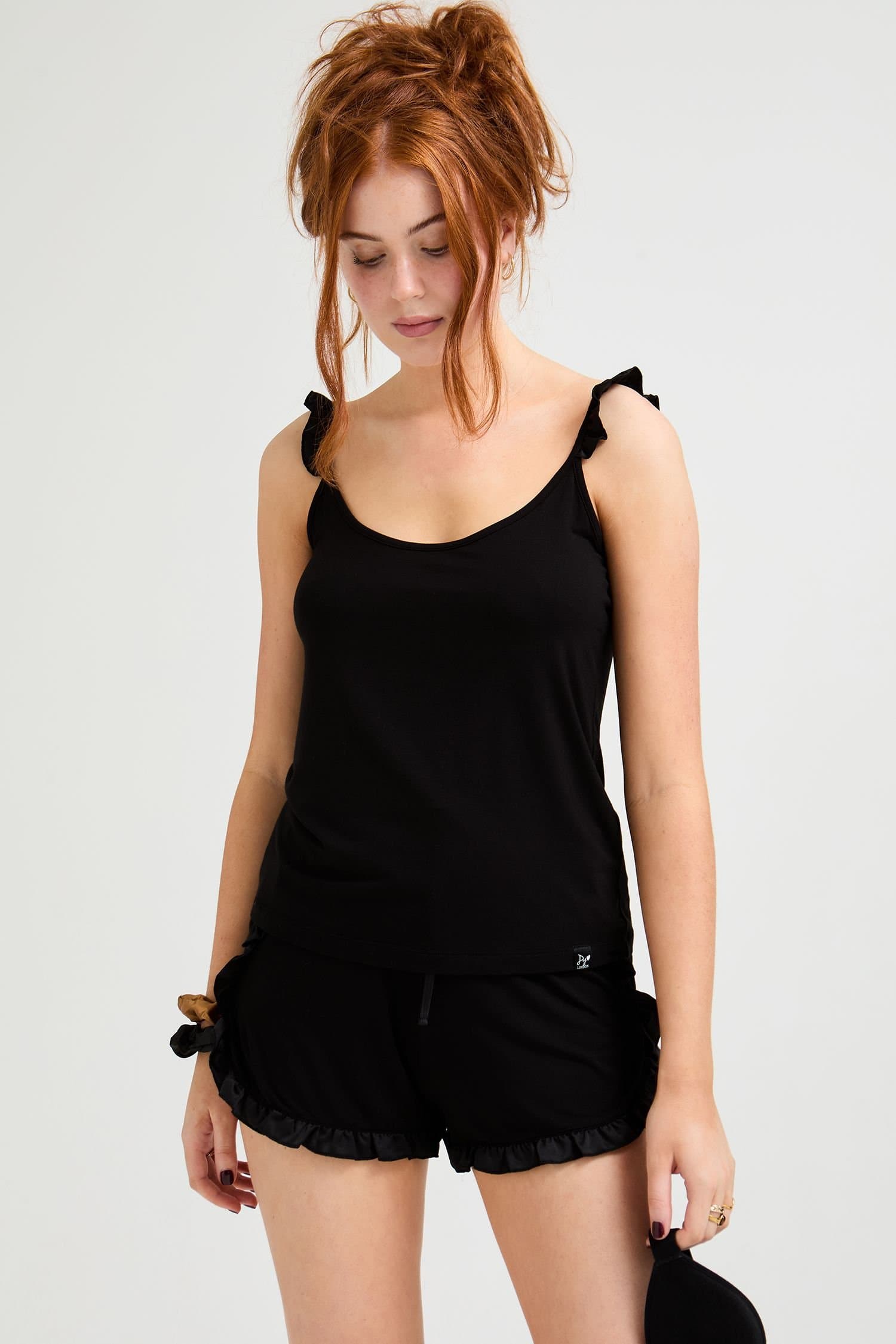 Pretty You London Pretty You London Women's Bamboo Frill Cami Short Pyjama Set in Black