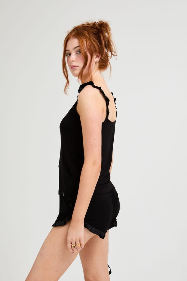 Pretty You London Pretty You London Women's Bamboo Frill Cami Short Pyjama Set in Black - 3