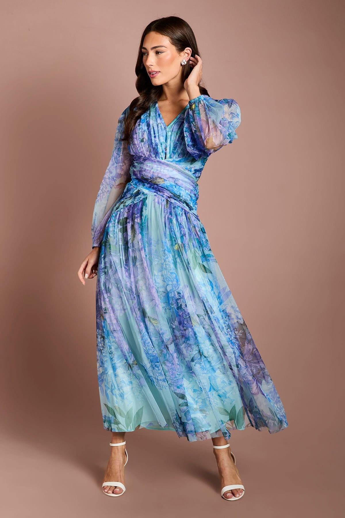 Coast Women's Petite Blue Floral Mesh Midi Dress