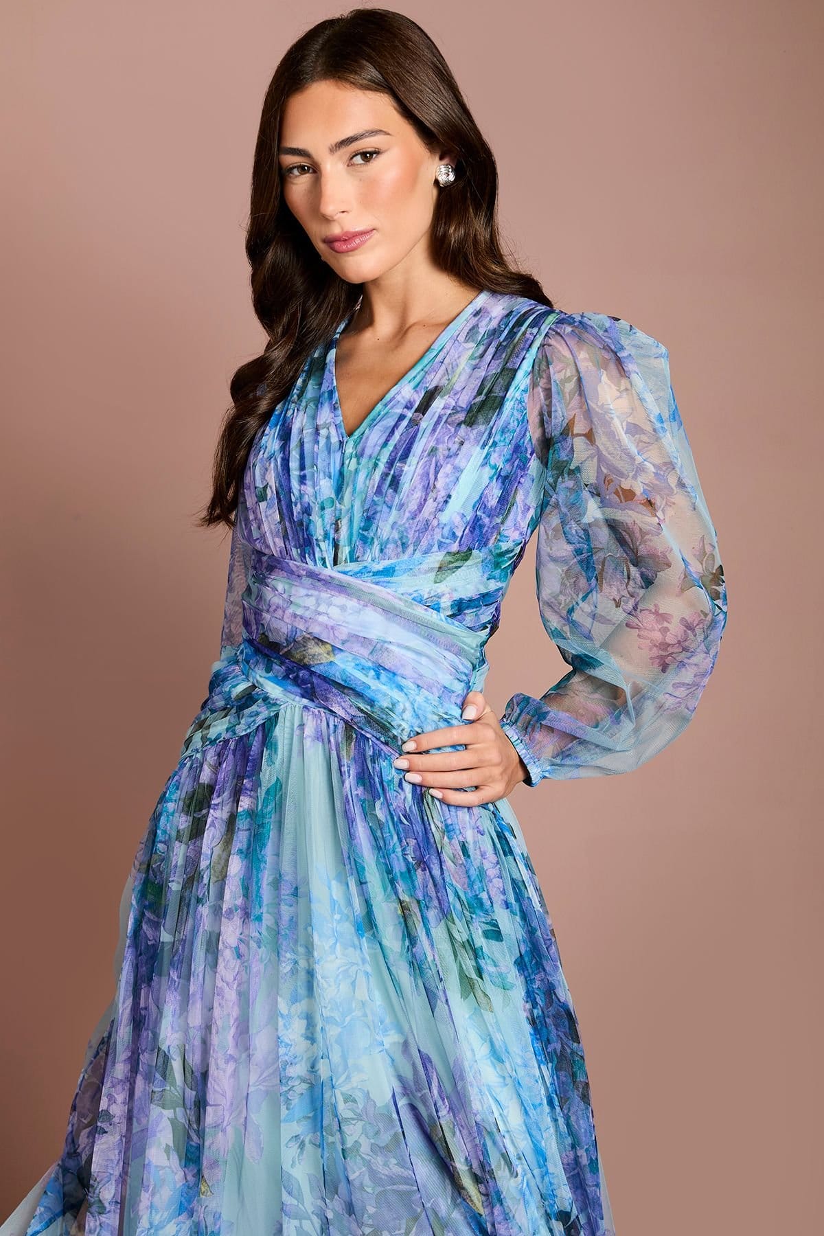 Coast Coast Women's Petite Printed Floral Mesh Midaxi Dress in Blue - 4