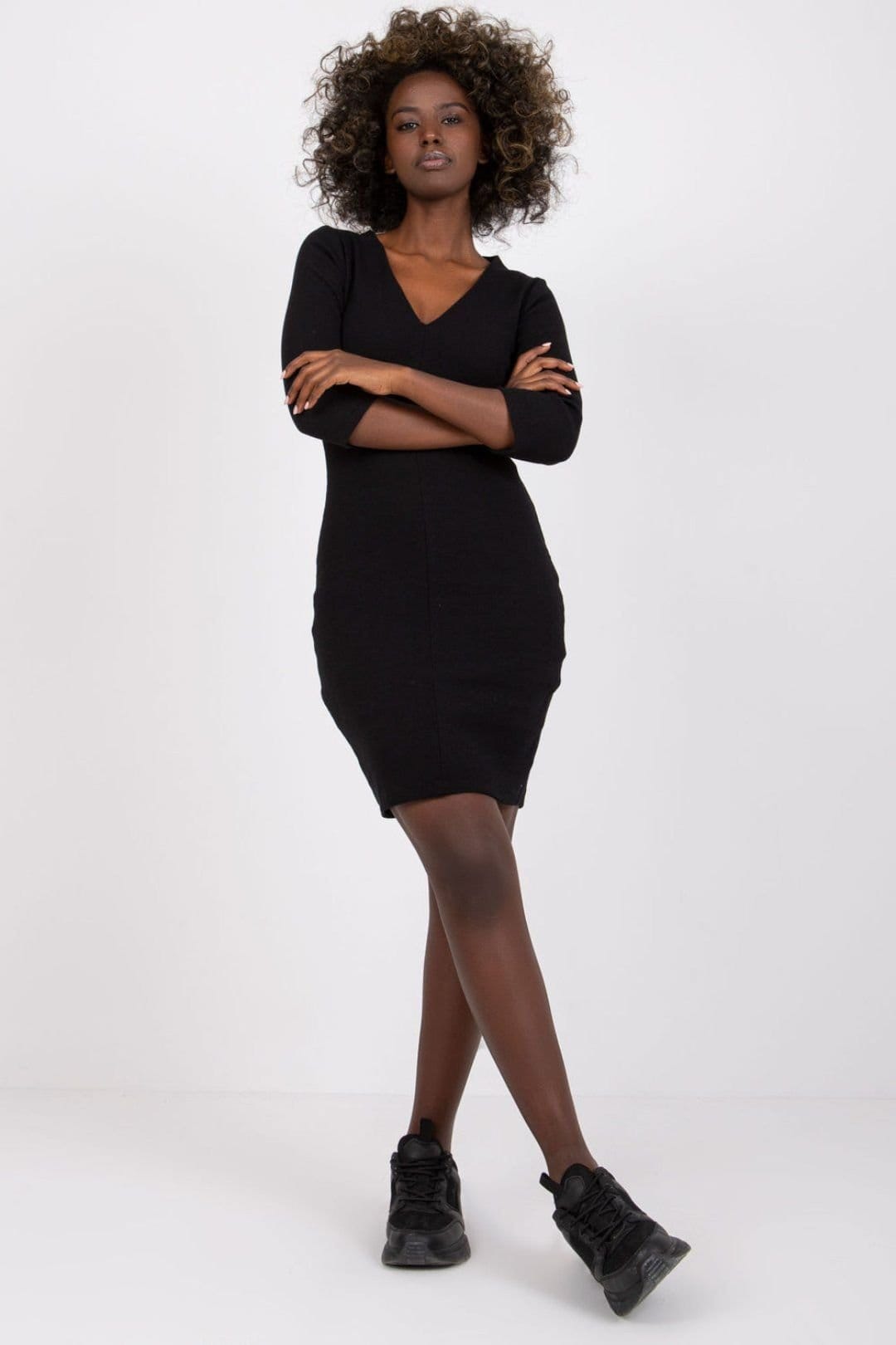 Love Lace Black Ribbed Heart Neck Long Sleeve Pencil Dress