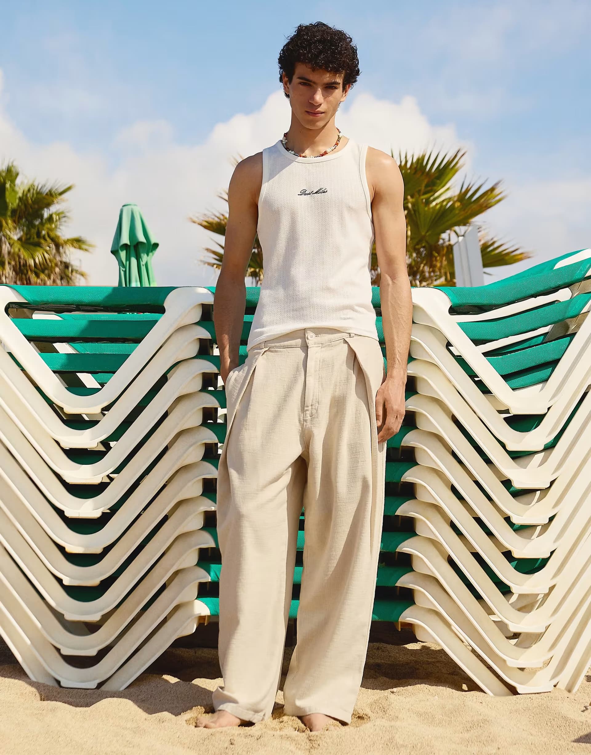 ASOS Bershka Barrel leg pleated trousers in beige