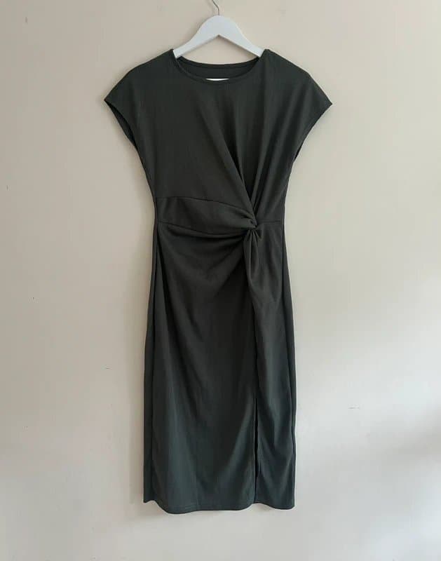 Emery Rose 🖤 Emery Rose Grey ribbed twist-front midi dress size S NWT casual bodycon stretch fit