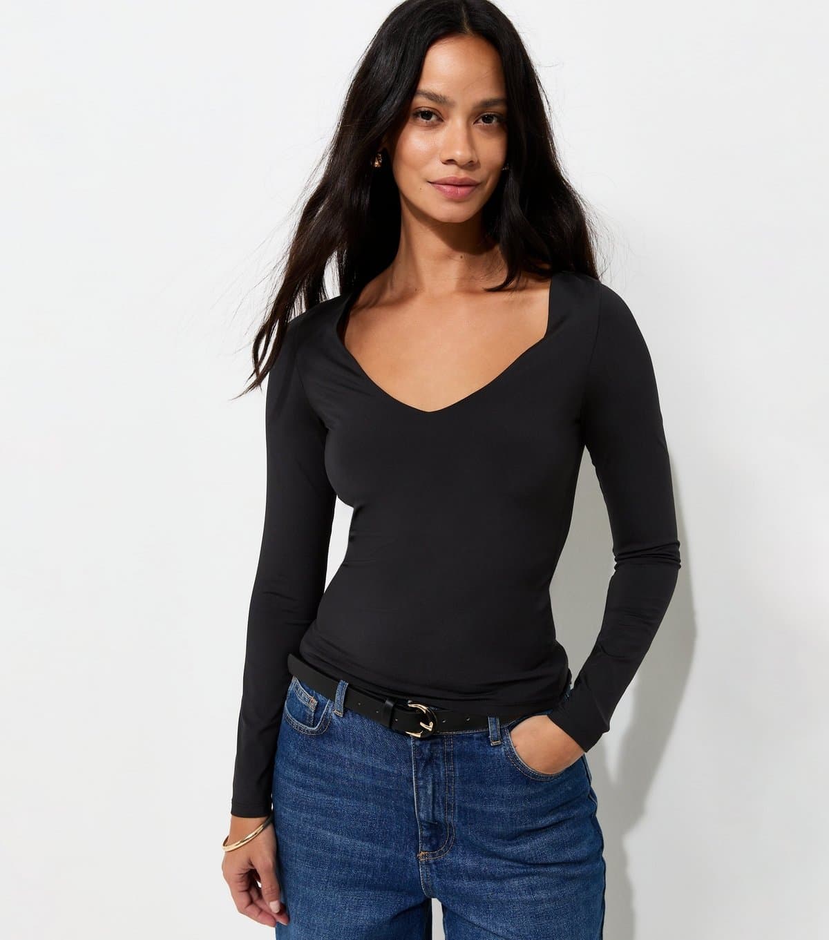 New Look Women's Black Slinky Jersey V-Neck Long Sleeve Top New Look