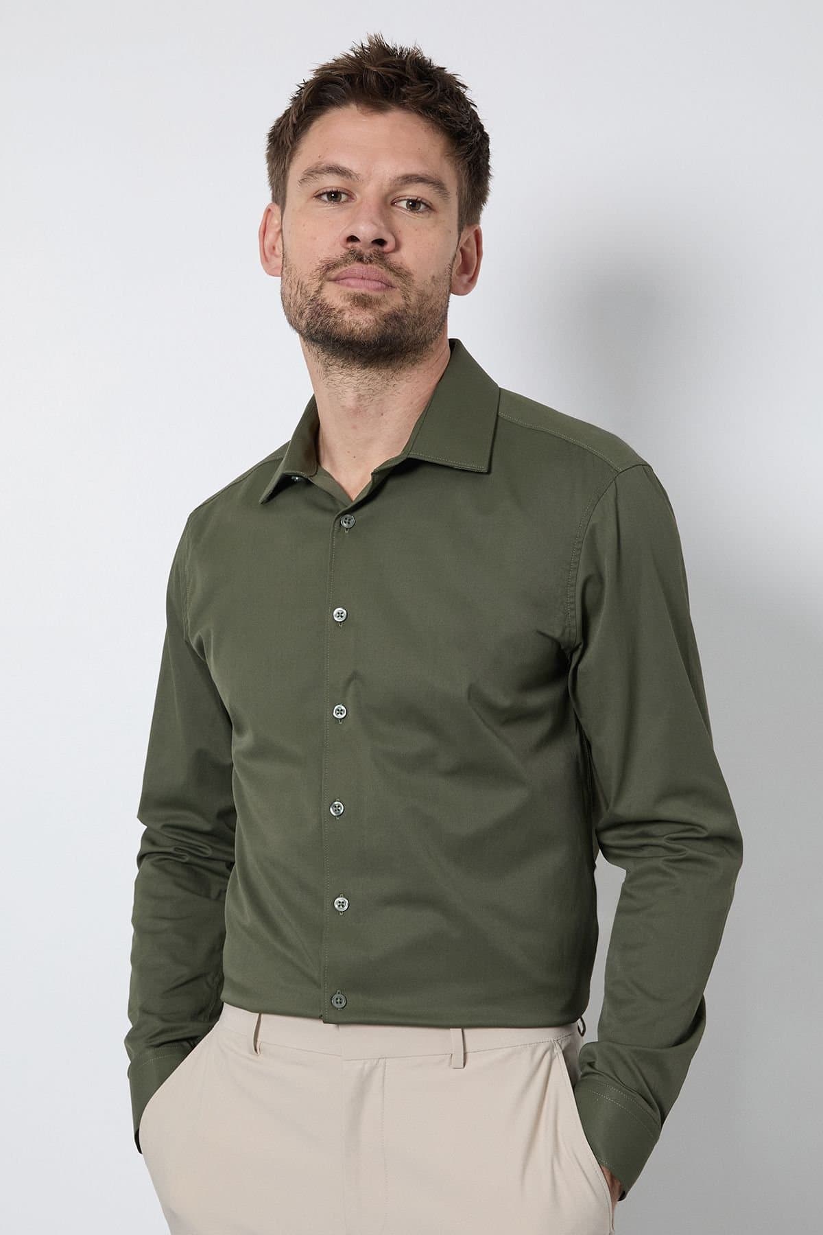 Burton Burton Men's Dark Green Easy Iron Slim Fit Long Sleeve Shirt