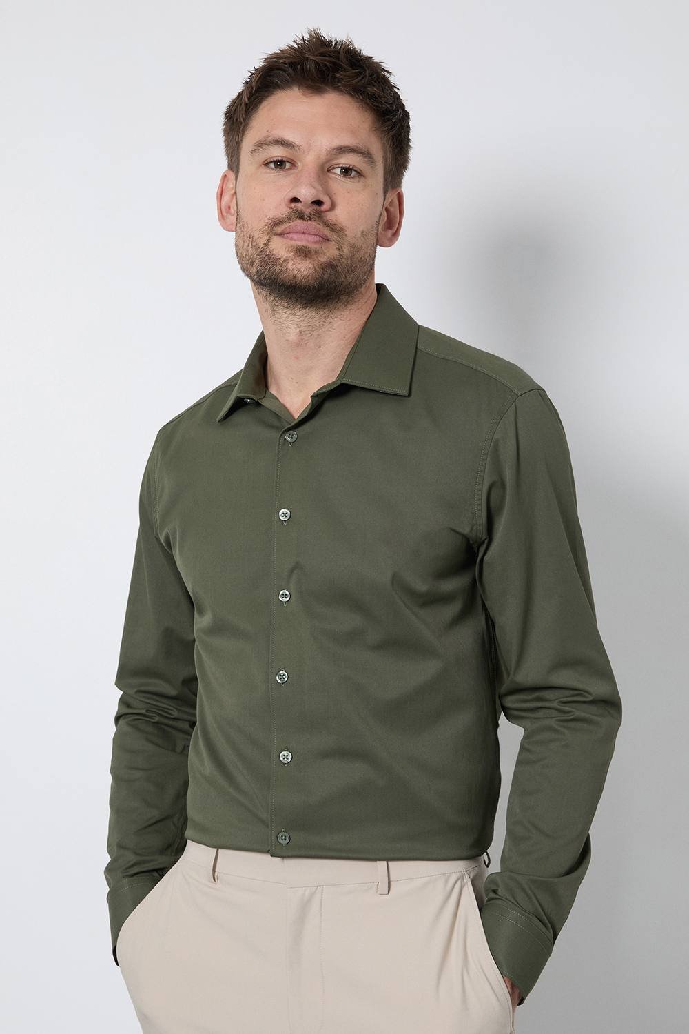 Burton Burton Men's Dark Green Easy Iron Slim Fit Long Sleeve Shirt - 2