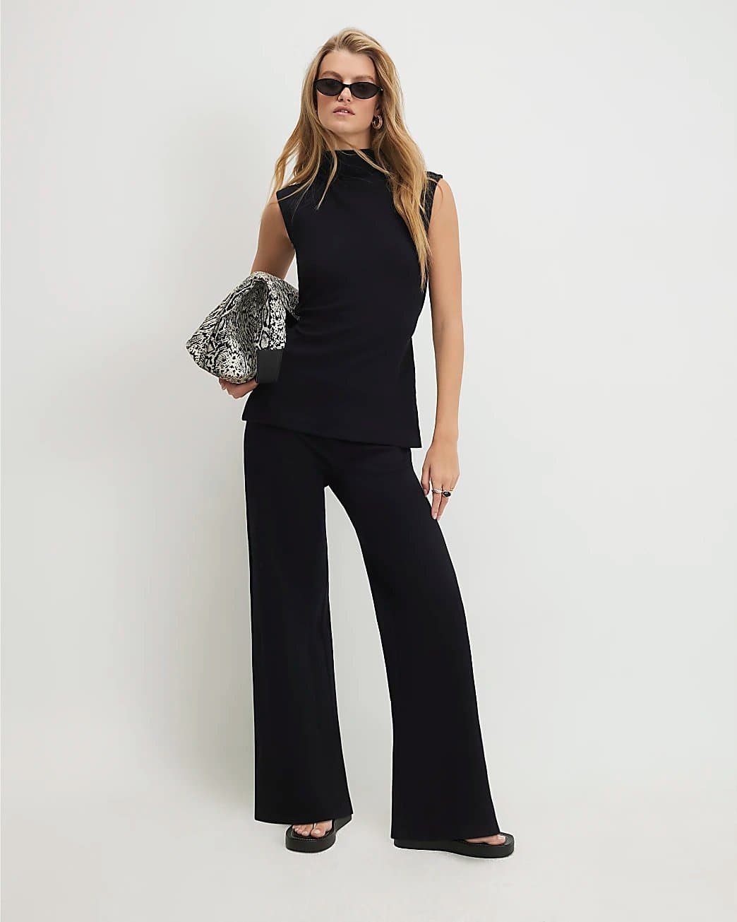 River Island River Island Womens Black Cotton Textured Wide Leg Trousers