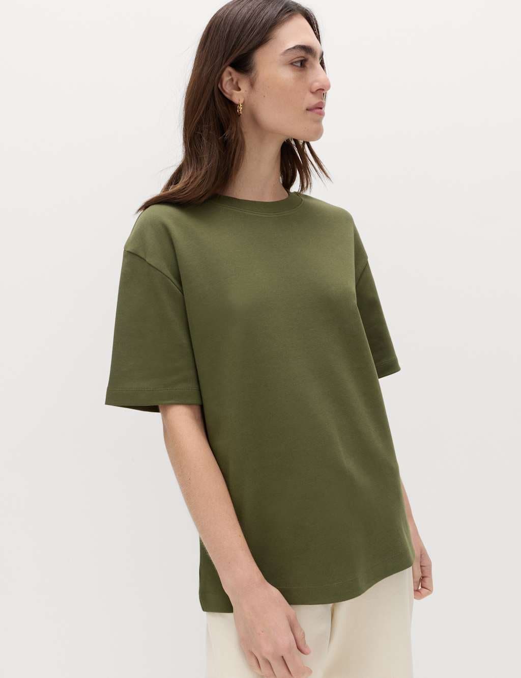 Marks & Spencer M&S Pure Cotton Crew Neck Oversized T-Shirt Khaki