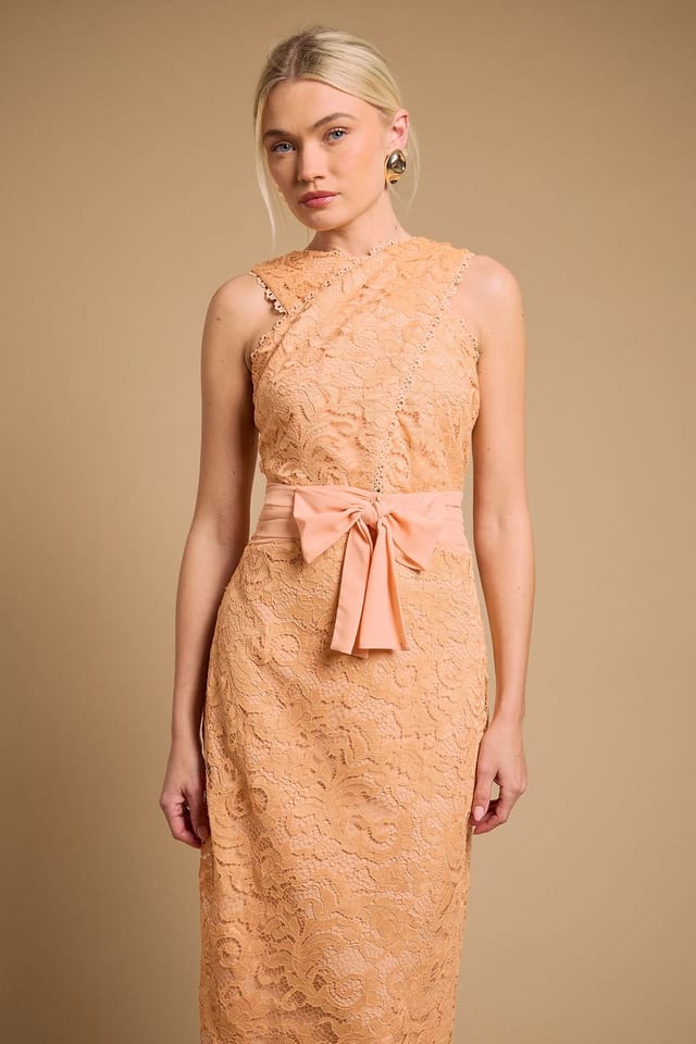 Oasis Oasis Women's Embroidered Mesh Lace Halterneck Midi Dress in Orange - 2