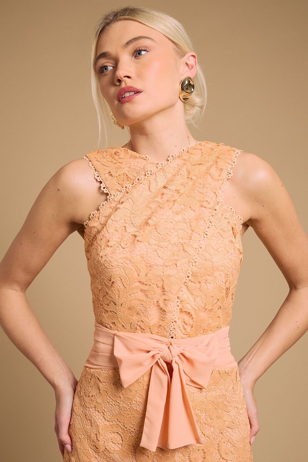 Oasis Oasis Women's Embroidered Mesh Lace Halterneck Midi Dress in Orange - 4