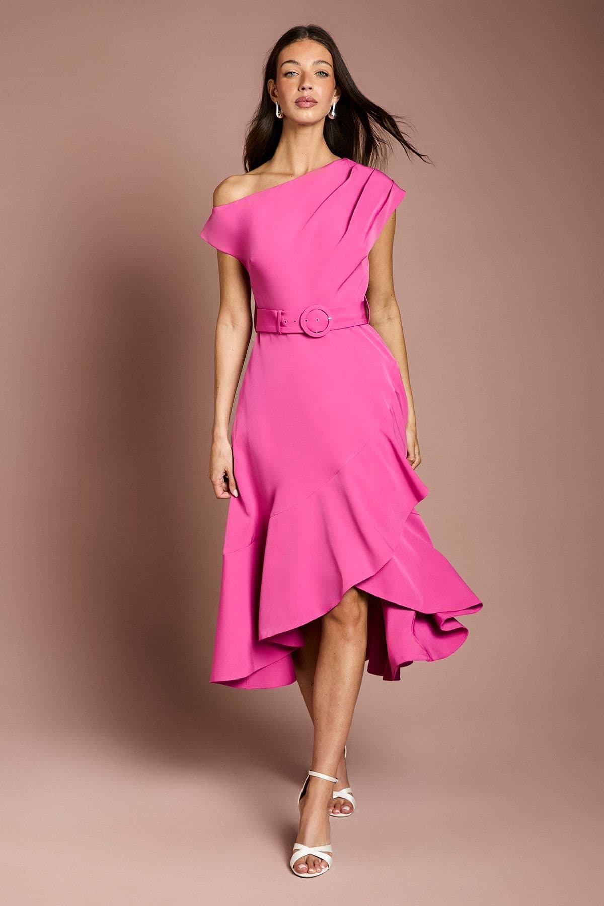 Coast Coast Women's Drape Shoulder Frill Detail Crepe Midi Dress in Magenta