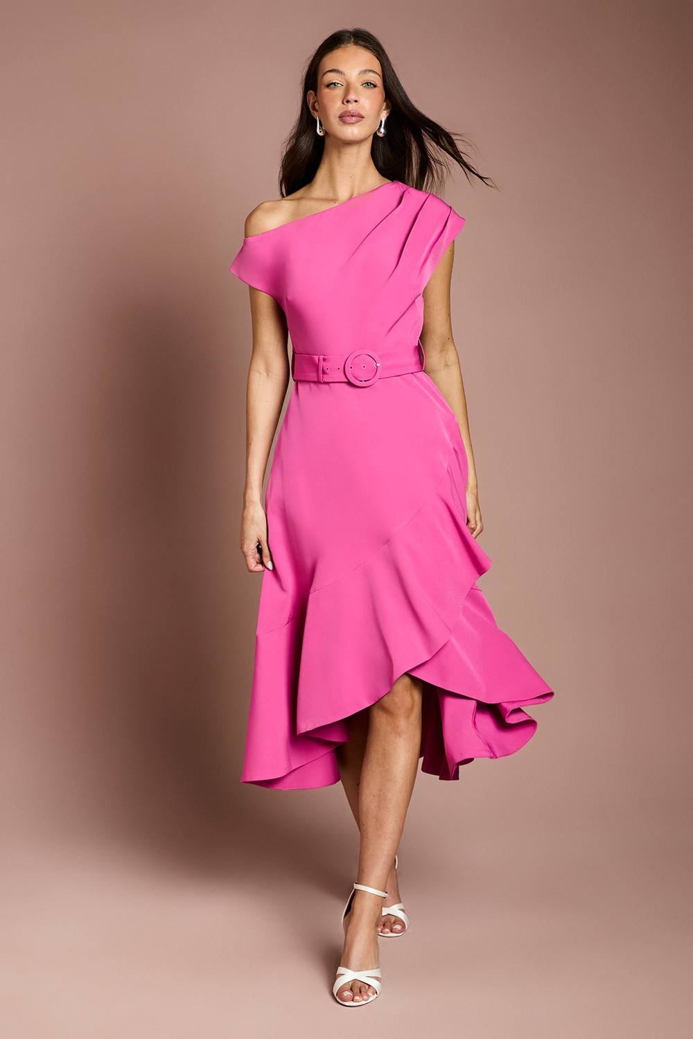 Coast Coast Women's Drape Shoulder Frill Detail Crepe Midi Dress in Magenta - 2