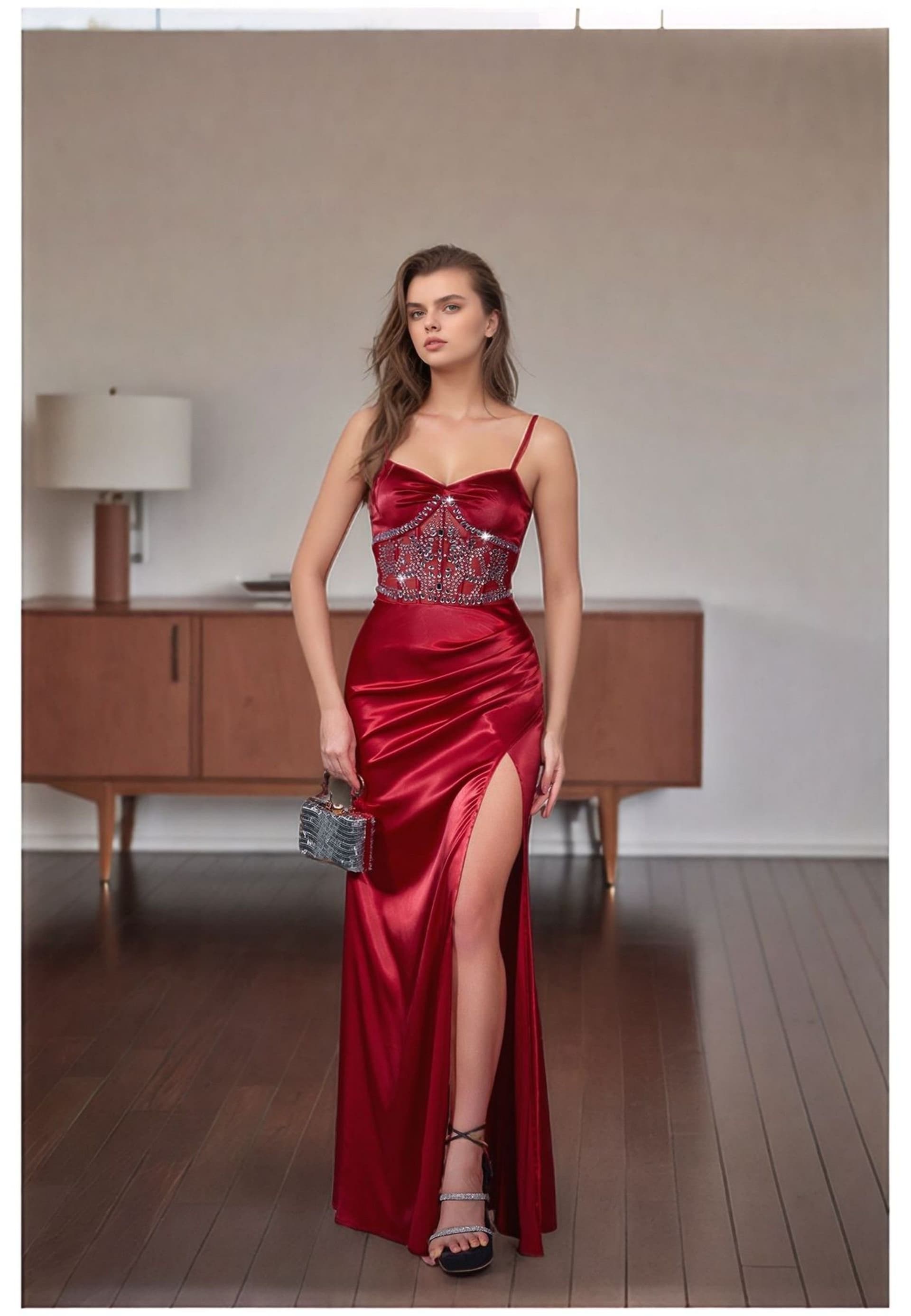 Divine Grace Divine Grace Red Satin Embellished Maxi Dress