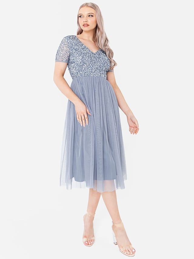 Maya Deluxe Maya Deluxe Women's Short Sleeve V Neck Embellished Midi Dress in Blue - 2