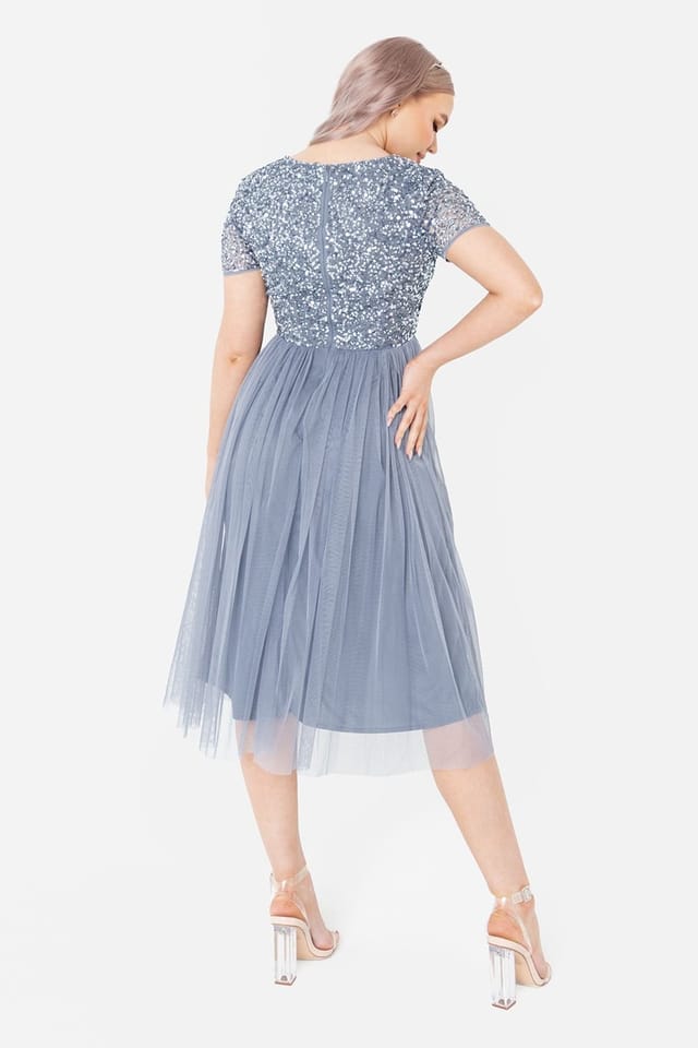 Maya Deluxe Maya Deluxe Women's Short Sleeve V Neck Embellished Midi Dress in Blue - 3