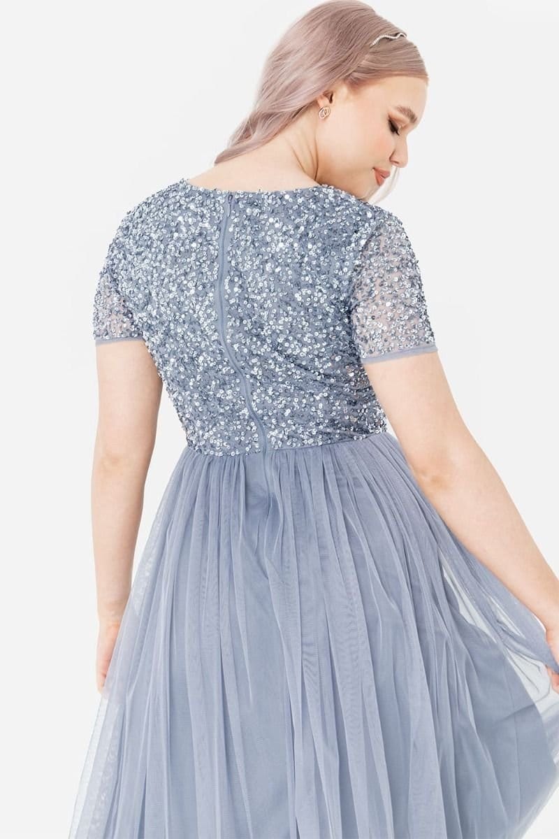 Maya Deluxe Maya Deluxe Women's Short Sleeve V Neck Embellished Midi Dress in Blue - 4