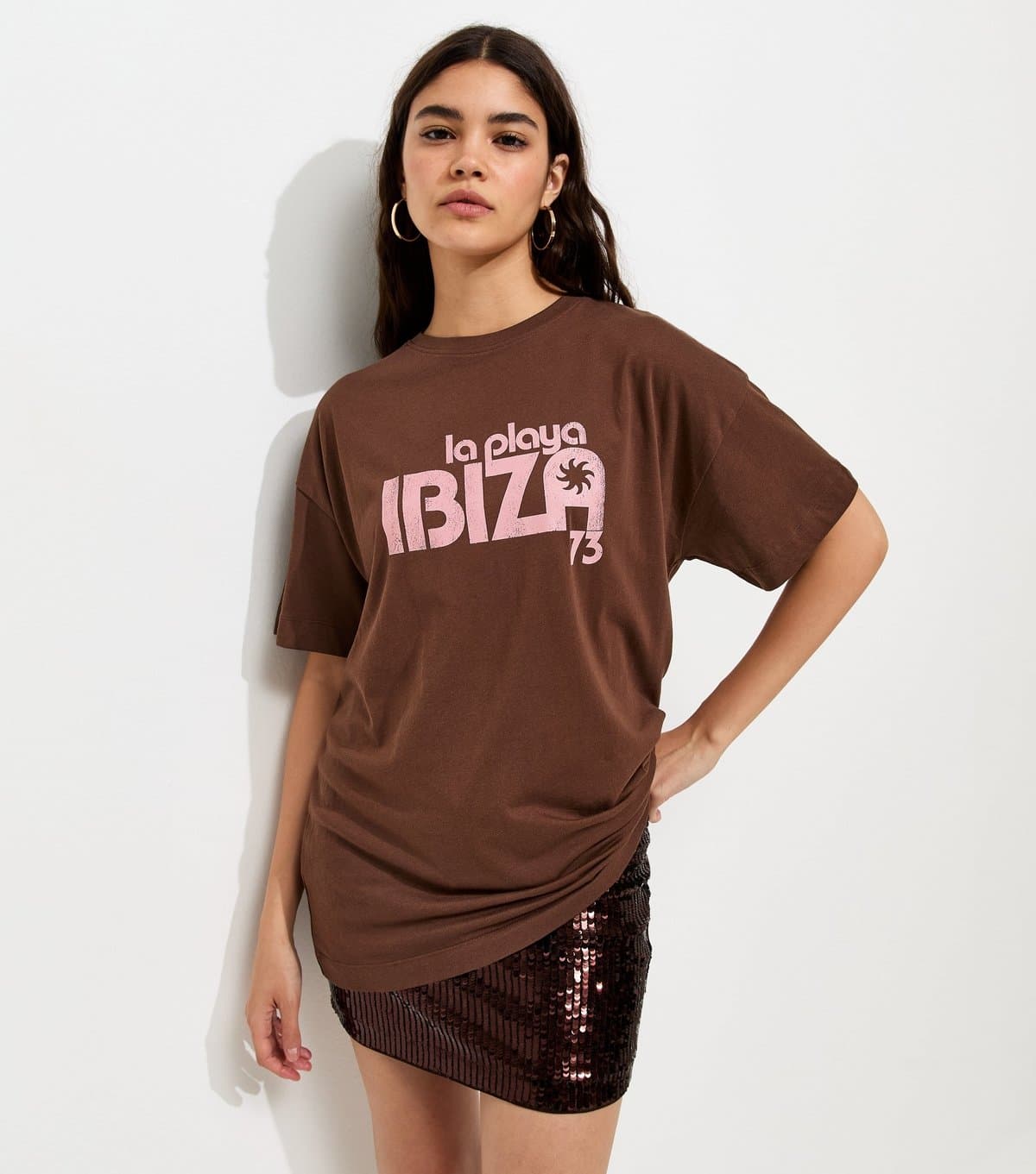 New Look Women's Dark Brown Ibiza Oversized T-Shirt New Look