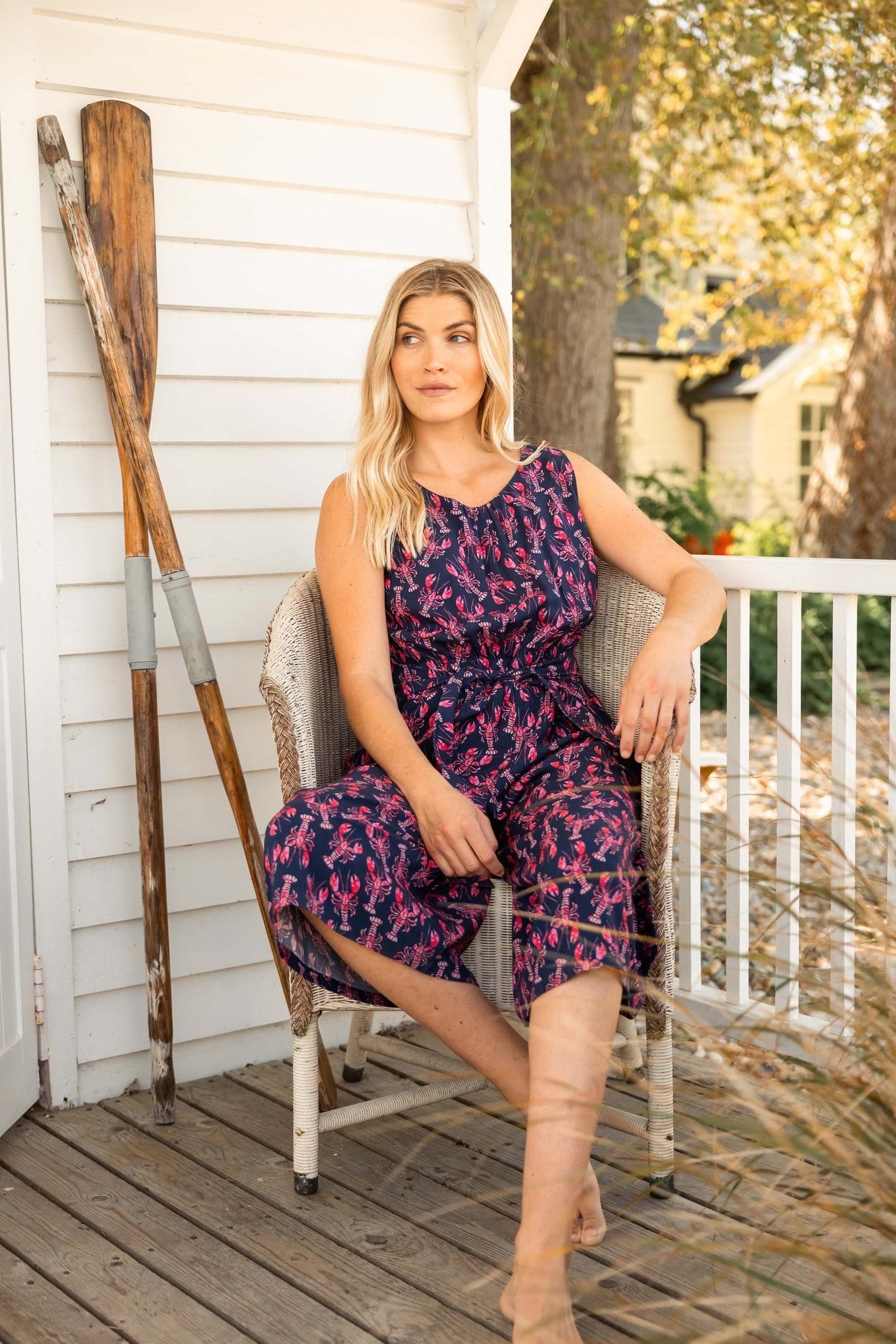 Weird Fish Women's Nalani Printed Viscose Jumpsuit in Mid Navy