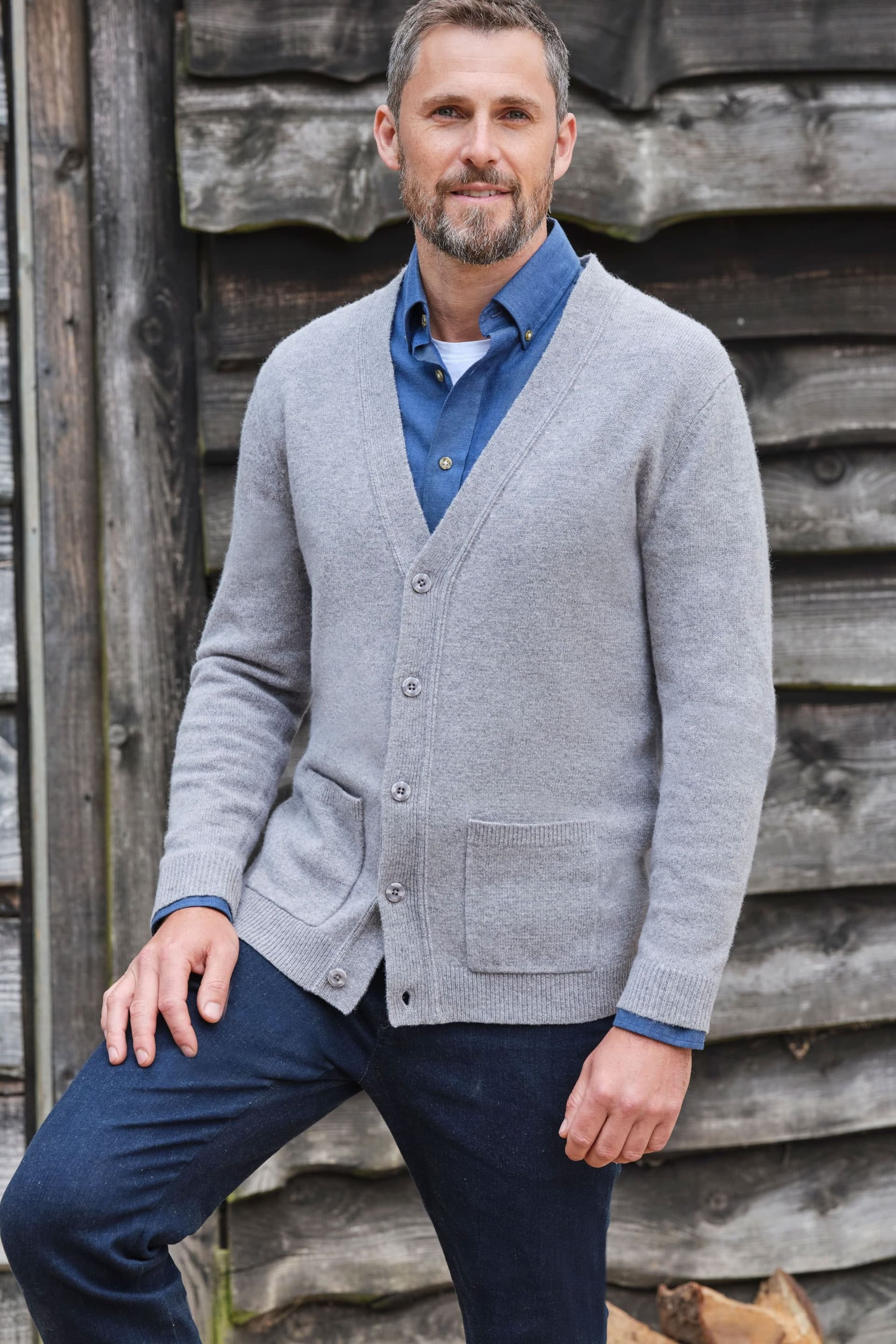 WoolOvers WoolOvers Men's 100% Wool V Neck Cardigan in Grey