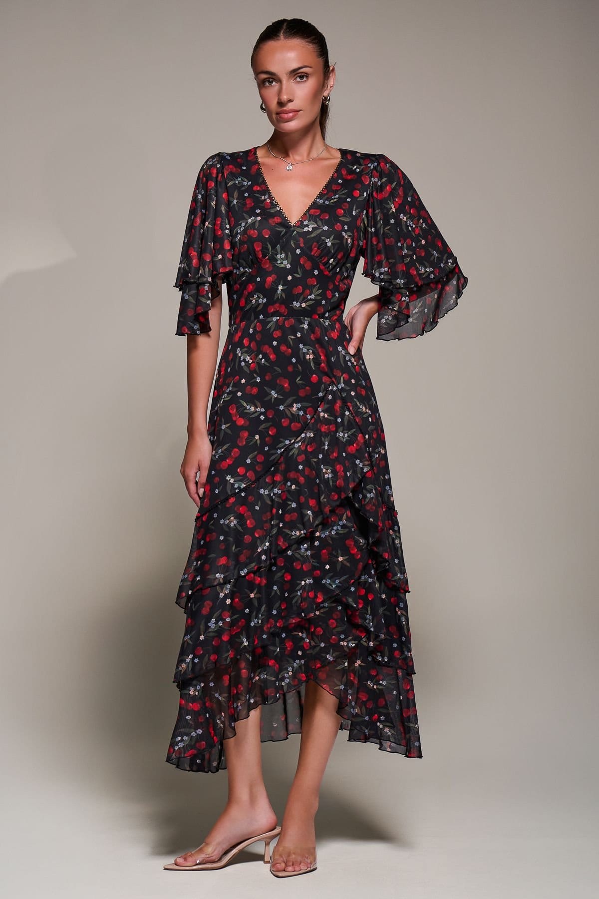 Jolie Moi Jolie Moi Women's Frill Trim Mesh Maxi Dress in Dark Grey - 4