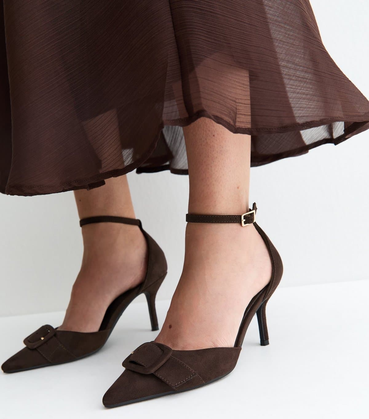 New Look Women's Dark Brown Buckle Front Stiletto Open Court Shoes Vegan New Look