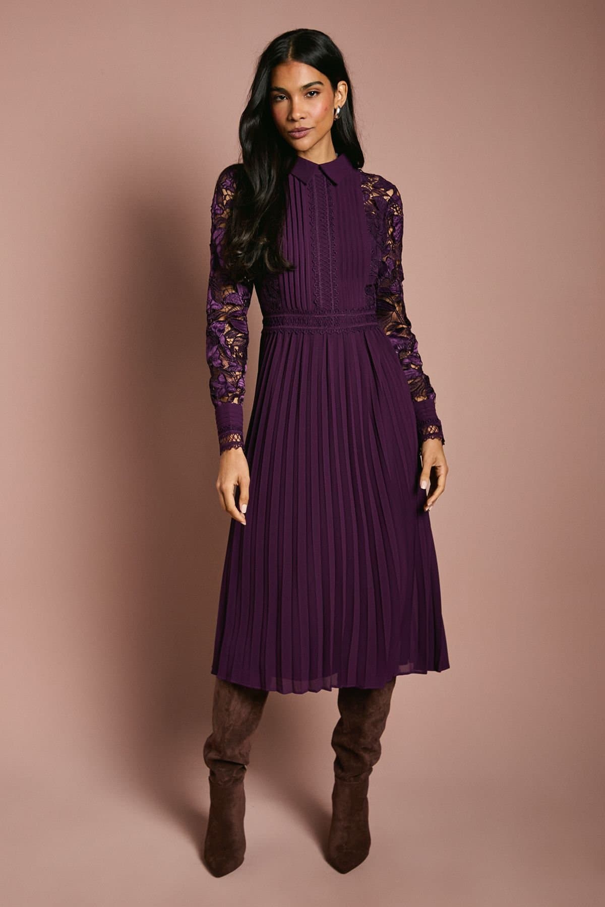 Coast Coast Women's Long Sleeve Lace & Pleated Midi Shirt Dress in Plum