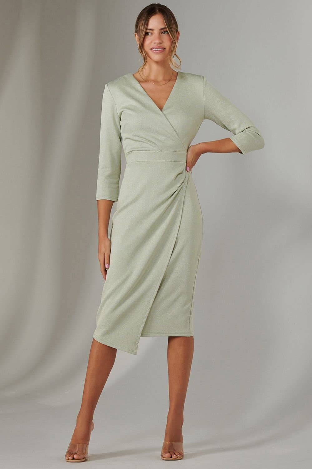 Jolie Moi Jolie Moi Women's Metallic Wrap Bodycon Dress in Light Green