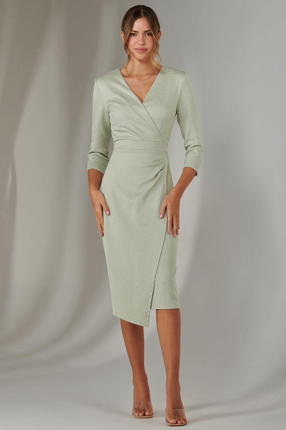 Jolie Moi Jolie Moi Women's Metallic Wrap Bodycon Dress in Light Green - 4