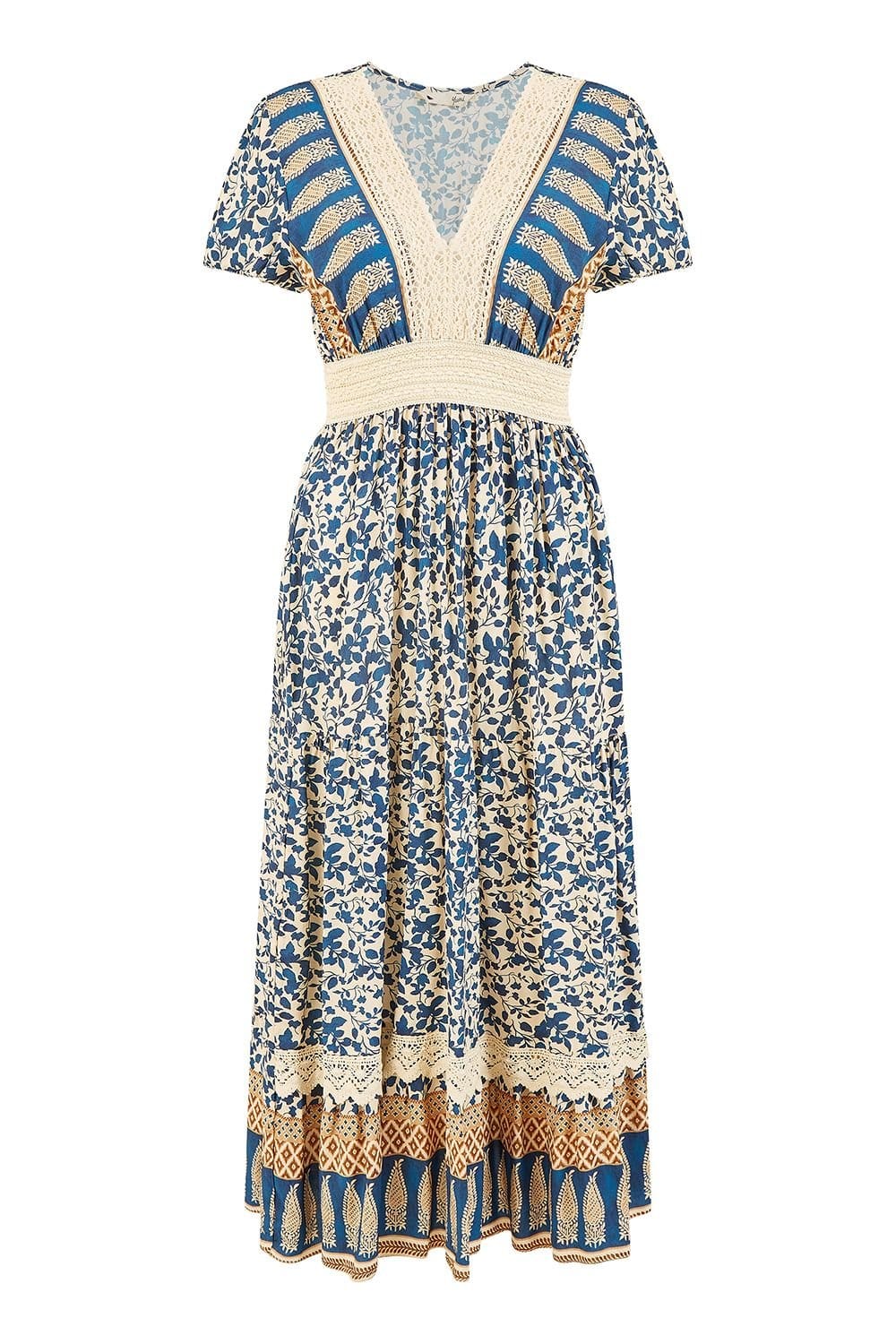 Yumi Yumi Women's Navy Viscose Leaf Print Maxi Dress With Lace Trim in Blue - 4