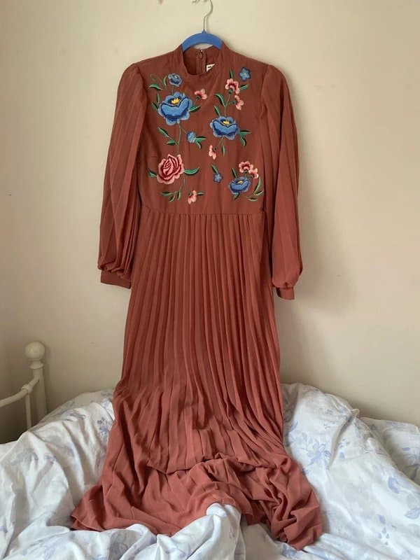 ASOS Design Pink Chiffon With Embroidered Flowers High Neck Elegant Pleated Skirt Chiffon Maxi Dress