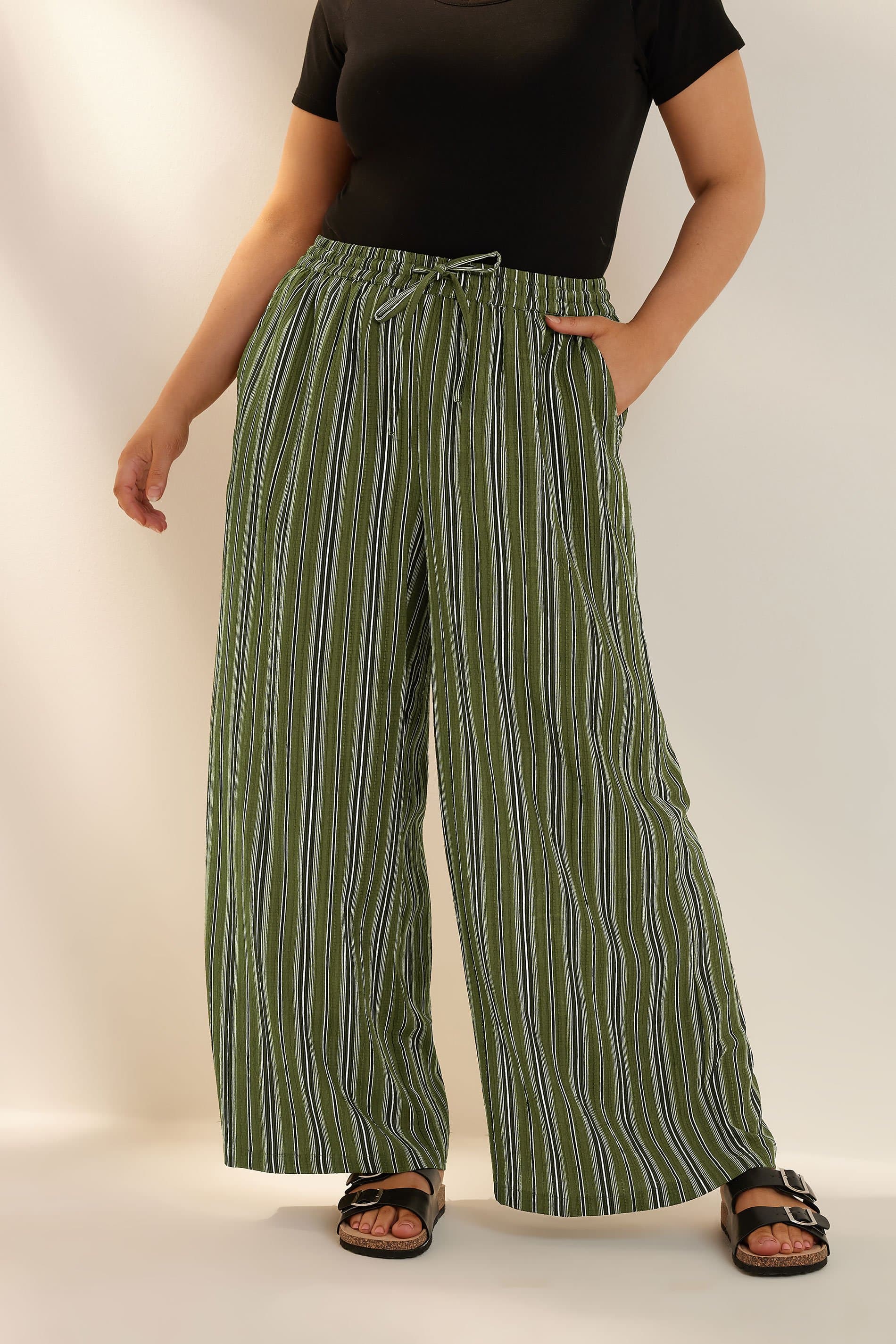 Yours Plus Size Green Stripe Textured Wide Leg Trousers