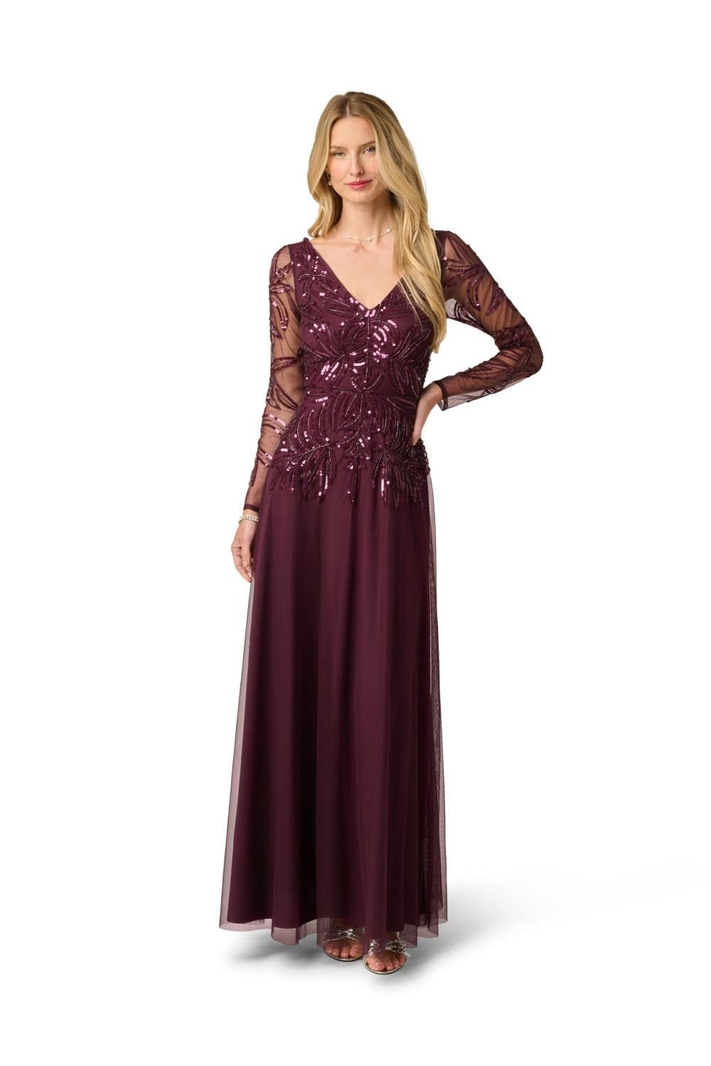 Papell Studio Papell Studio Women's Beaded V Neck Long Dress in Wine - 1