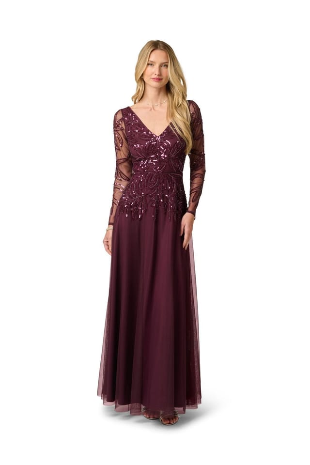 Papell Studio Papell Studio Women's Beaded V Neck Long Dress in Wine - 2