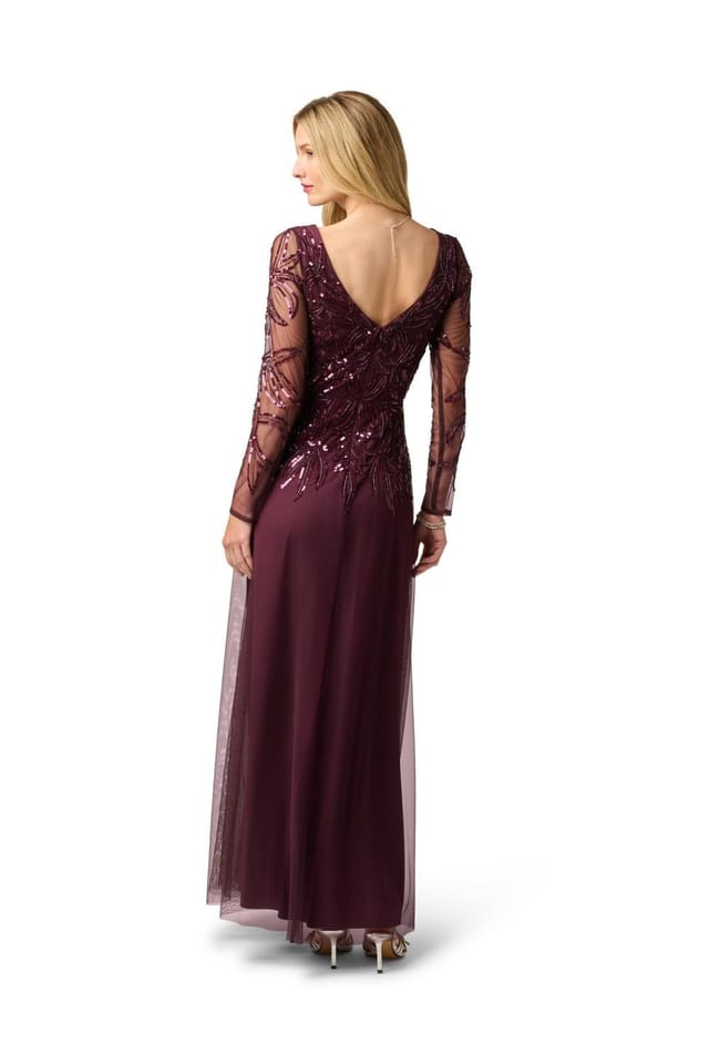 Papell Studio Papell Studio Women's Beaded V Neck Long Dress in Wine - 3