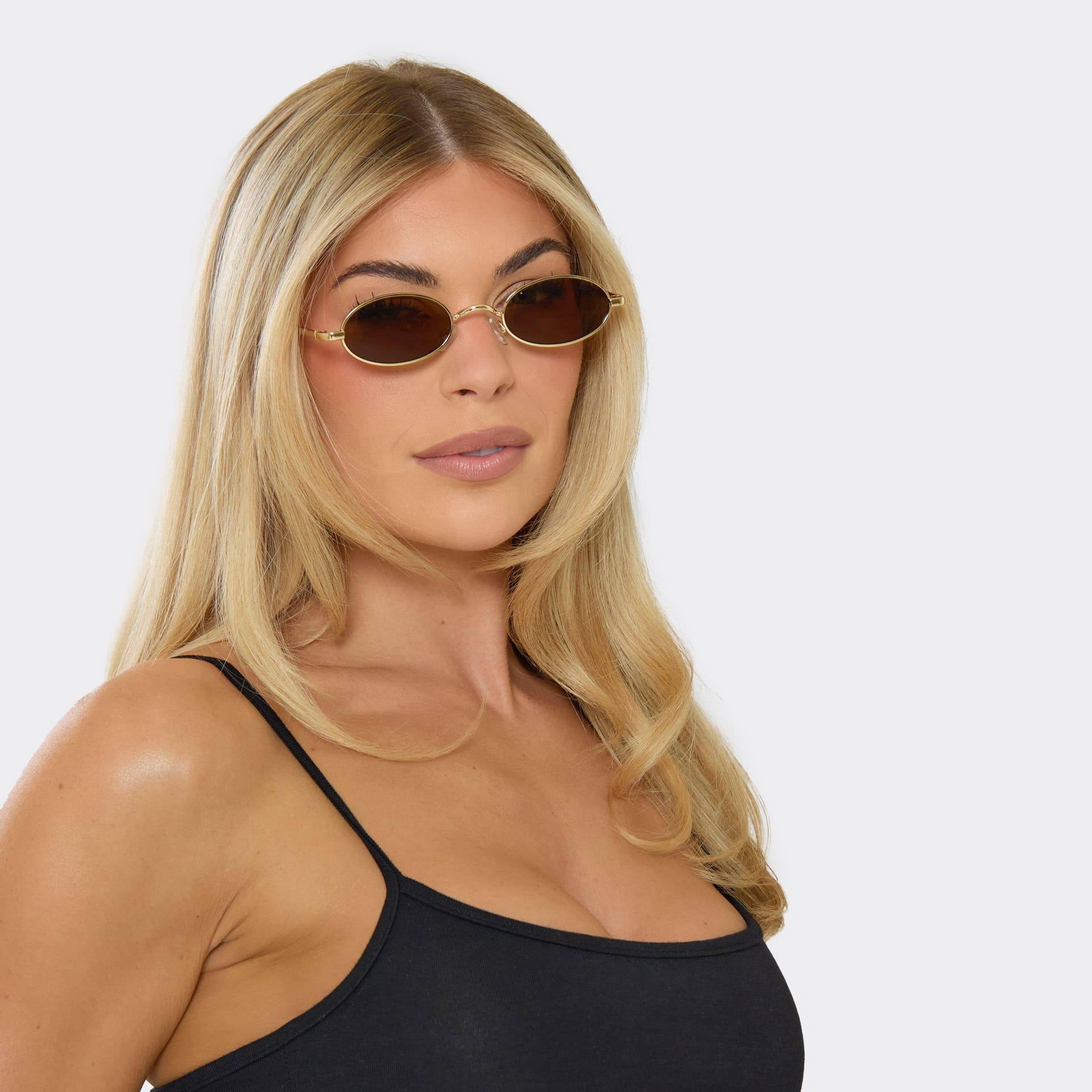 EGO Oval Shape Thin Frame Brown Tinted Lense Sunglasses In Gold, Women's Size UK 0