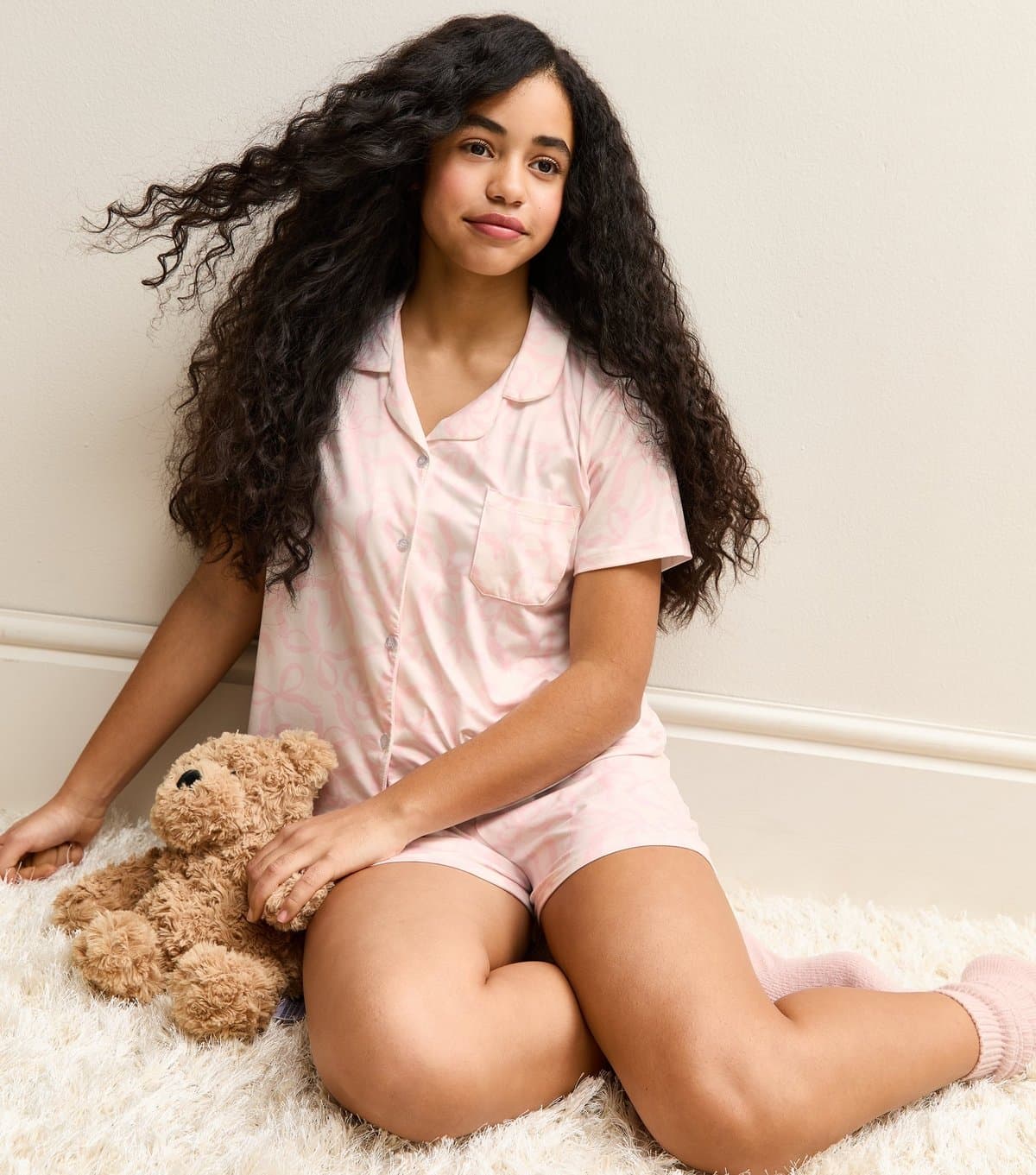 New Look Girls' Pink Bow Short Sleeve Top and Shorts Pyjama Set New Look