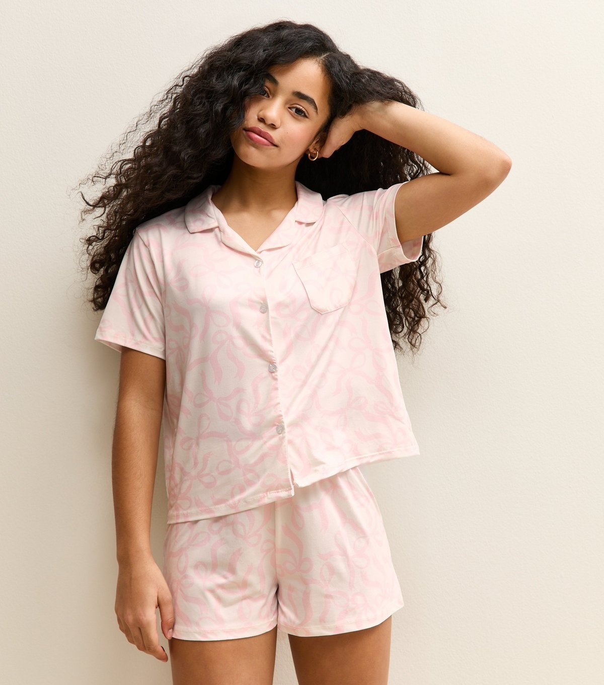 New Look Girls' Pink Bow Short Sleeve Top and Shorts Pyjama Set New Look - 2